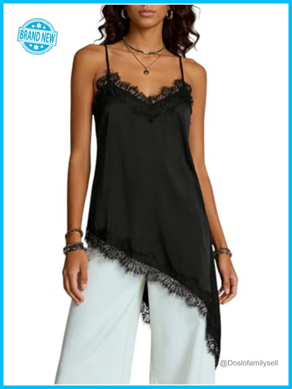 Women's Asymmetrical Satin Camisole Lace Trim V Neck Spaghetti Strap Top